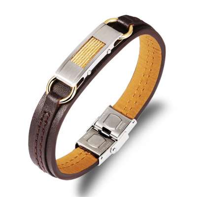 Mens Brushed Matt Textured Stainless Steel Bar Adjustable Safe Clasp Genuine Leather Bangle Bracelet